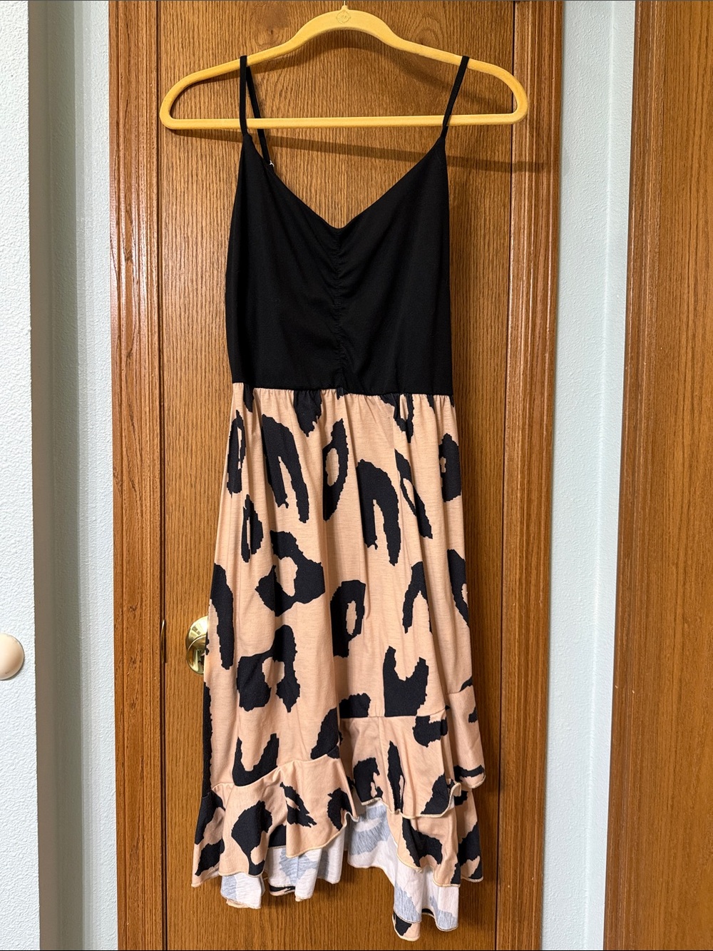 Black & Beige Leopard Print Spaghetti Strap Dress